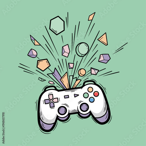 Colorful video game controller explodes.