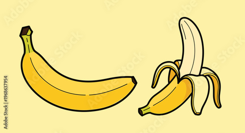A playful illustration of two bananas, one whole and one peeled, in a cartoon style on a light yellow background.