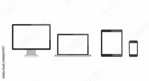 Minimal flat device mockup vector with monitor laptop tablet and smartphone blank screens isolated on white background