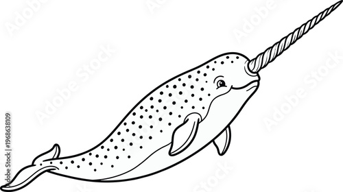 Cute cartoon narwhal with a spiral tusk illustration