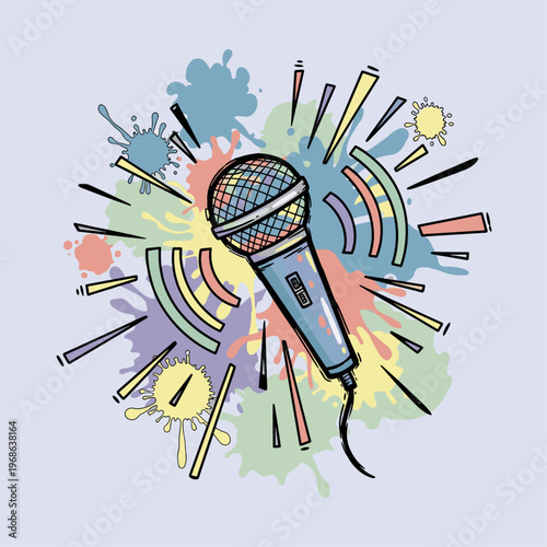 Colorful Microphone with Sound Waves Emitting.