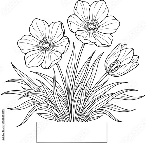 Handdrawn illustration of flowers in a vase with blank sign