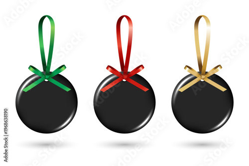 Black circle flat clay ornaments mockup with red, green and gold ribbon bow hanger. Blank round ceramic hanging tags or labels element template. Flat porcelain decorations for promotion and events.
