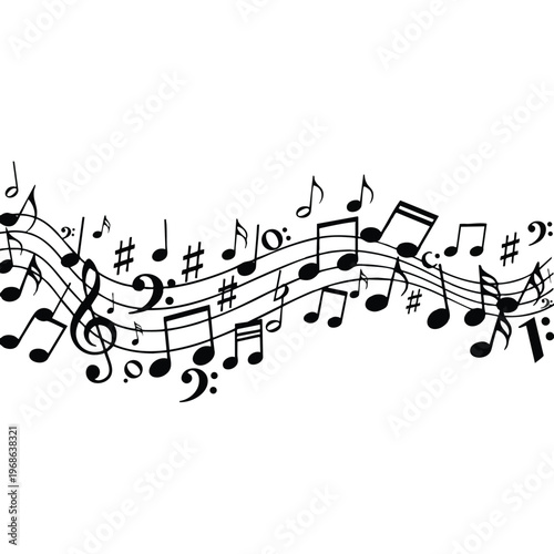 Black musical notes and staffs flow across white background