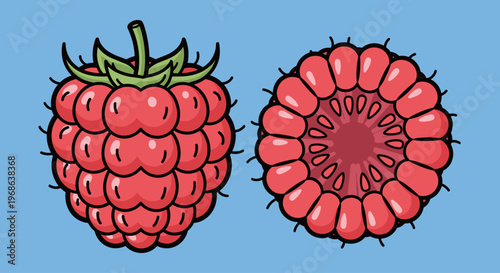 A colorful cartoon illustration of raspberries on a blue background, conveying freshness and health.