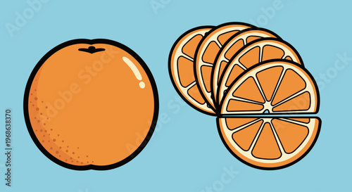 A colorful illustration of a whole orange and sliced orange on a light blue background, evoking a sense of freshness and health.