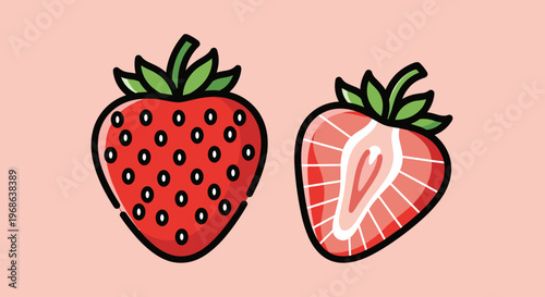A playful illustration of two cartoon strawberries, one whole and one sliced, on a soft pink background, evoking a sense of freshness and fun.