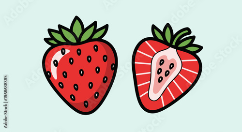 A cute illustration of a whole and sliced strawberry on a light blue background, conveying freshness and health.