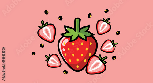 A cheerful and playful illustration of strawberries on a pink background, perfect for food or health-related marketing materials.