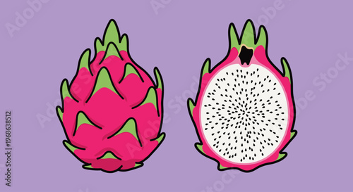 A vibrant illustration of a whole and halved dragon fruit on a purple background, conveying freshness and health.