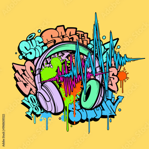 Colorful graffiti headphones with sound waves.