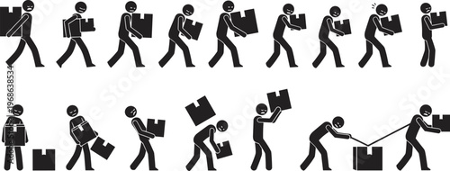 Flat vector illustration of workers lifting boxes, carrying heavy loads, proper and improper techniques, silhouette icons, manual handling safety design