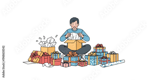Happy Man Unboxing Many Wrapped Christmas Gifts