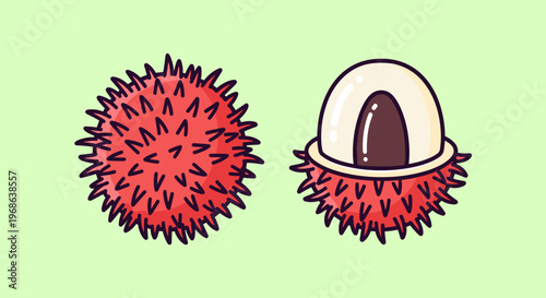 A playful cartoon illustration of durian fruit, one whole and one peeled, on a light green background. Perfect for food, tropical, or exotic-themed pr