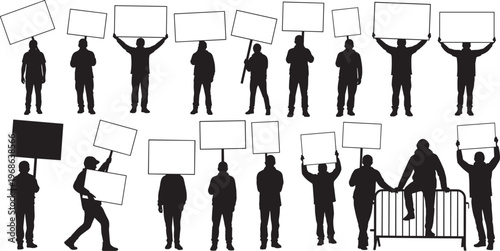 Protest silhouette illustration with people holding blank signs, activism demonstration artwork, rally crowd clipart, social movement vector design collection