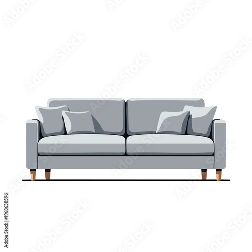 A simple, modern two-seater sofa in a light gray fabric with four cushions