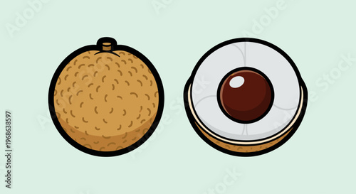 A colorful illustration of a whole durian fruit and one cut open, showcasing its unique texture and interior.