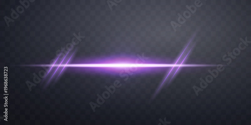 Purple horizontal light lensflare, rays or violet spotlight and lens flare. Vector illustration on dark background.