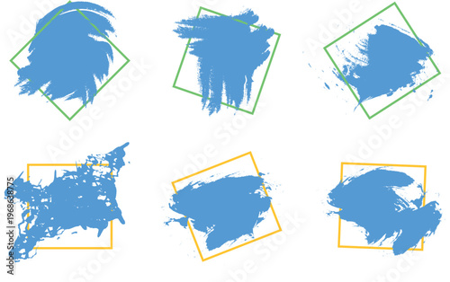Set of blue paint brush strokes inside geometric frames
