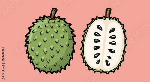 A colorful illustration of a whole and halved durian fruit on a pink background, showcasing its unique spiky exterior and creamy interior.