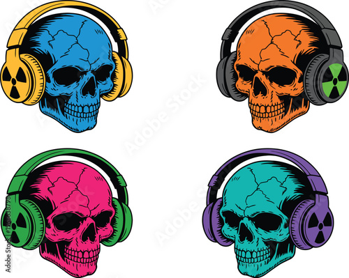 Colorful skulls with headphones, radioactive symbols, vibrant vector illustration, edgy music and digital artwork