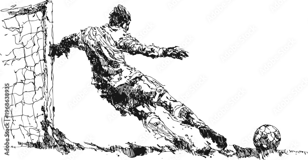 Fototapeta premium soccer goalkeeper diving to save the ball at goal line ink sketch illustration