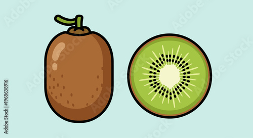 A colorful illustration of a whole kiwi fruit and a sliced kiwi, showcasing its vibrant green interior and black seeds.
