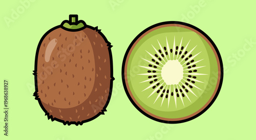 A colorful illustration of a kiwi fruit and a sliced kiwi, perfect for use in health and nutrition marketing materials or recipe websites.