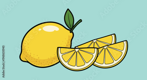 A vibrant digital illustration of a whole lemon and slices on a light blue background, conveying freshness and health.