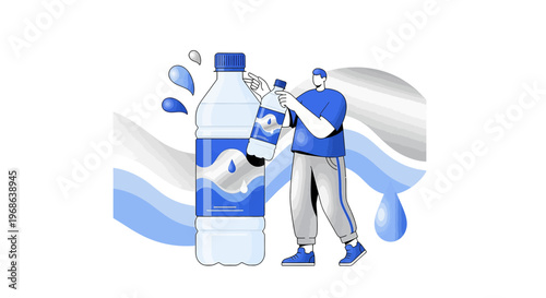 Man Holds Small Bottle Next to Large Water Bottle, Hydration Concept