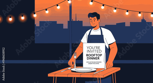 Man Hosting Rooftop Dinner Party with City Skyline and String Lights