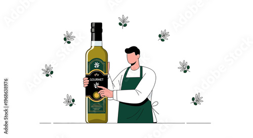 Man in Apron Holding Olive Oil Bottle with Gourmet Label Surrounded by Olive Branches