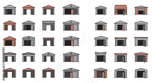 Grid of various warehouse and garage building icons, isolated white background.