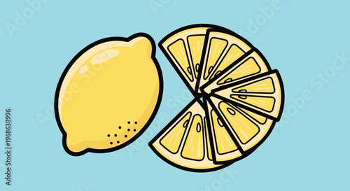 A vibrant illustration of a whole lemon and sliced lemon on a light blue background, conveying freshness and health.