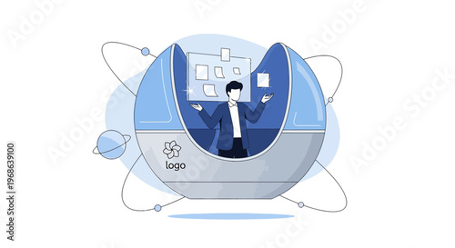 Man in Futuristic Pod Presenting Ideas on Holographic Display