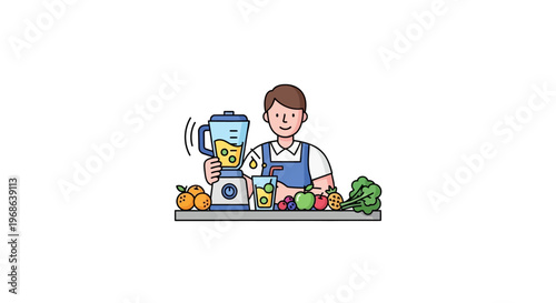 Cheerful Person Blending Fruits and Vegetables to Make a Healthy Smoothie in a Kitchen Setting on Isolated White Background