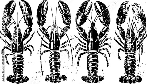 Four black lobster silhouettes with detailed claws and segmented tails on white background