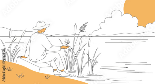 Man in Hat Fishing by Lake at Sunrise, Peaceful Nature Scene