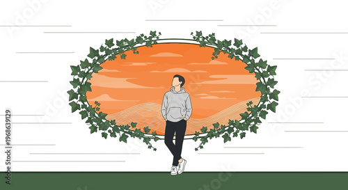 Man in Hoodie Gazing at Desert Landscape within Ivy Frame