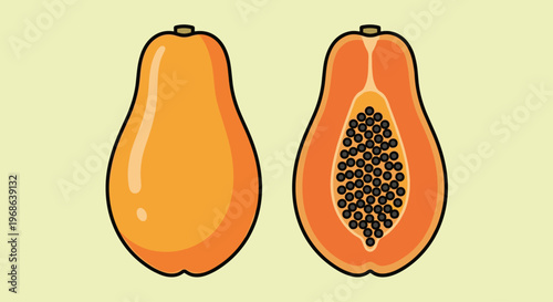 A colorful and vibrant illustration of a whole papaya and a halved papaya showcasing its seeds on a pale yellow background, conveying freshness and he