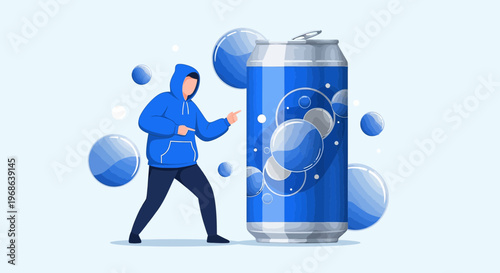 Man in Hoodie Points at Giant Blue Soda Can Surrounded by Bubbles