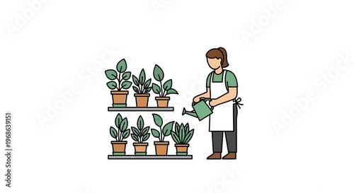 Caring Gardener Watering Potted Plants in a Greenhouse Setting on Isolated White Background