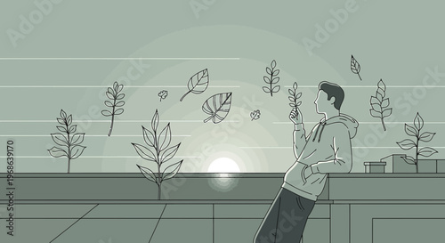 Man in Hoodie Watching Autumn Leaves Fall During Sunset