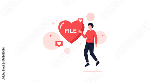 Man In Love Holding Giant Heart With "FILE" Text, Social Media Likes Icons