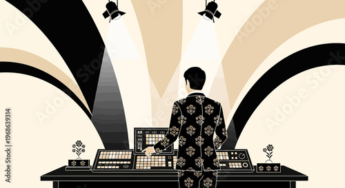 Man in patterned suit at DJ console under spotlights, retro style