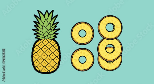 A colorful illustration of a whole pineapple and sliced pineapple rings on a teal background, conveying freshness and health.
