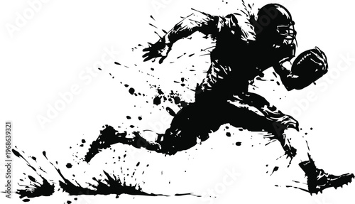 American football player running with ball dynamic ink splash silhouette artwork