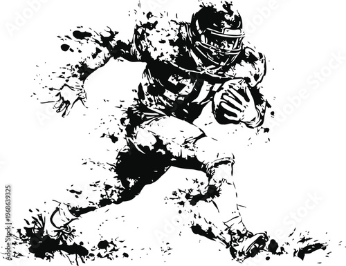 Dynamic american football player running with ball in abstract black ink splatter