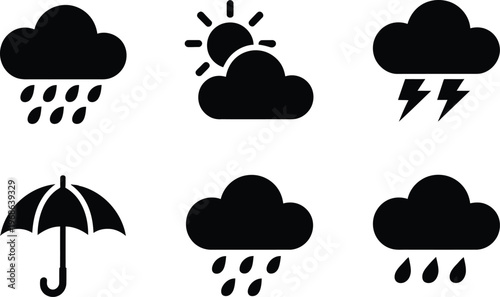 Weather icon set black silhouette, minimalist vector symbols including rain sun thunderstorm umbrella and sleet for forecast apps and meteorology design.