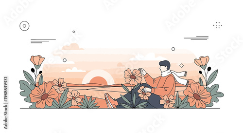 Man in Scarf Tending Flowers in Pastel Sunset Landscape